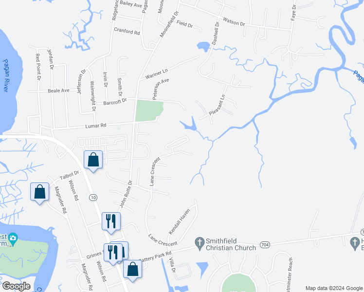 map of restaurants, bars, coffee shops, grocery stores, and more near 204 Lakeview Cove in Smithfield