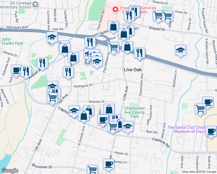 map of restaurants, bars, coffee shops, grocery stores, and more near 121 Vista Prieta Court in Santa Cruz