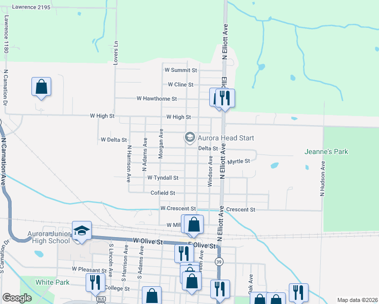 map of restaurants, bars, coffee shops, grocery stores, and more near 503 McNatt Avenue in Aurora