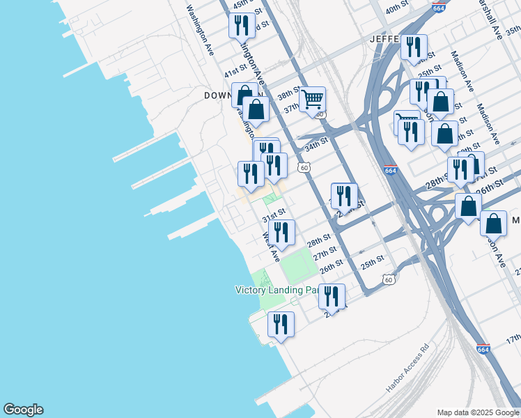 map of restaurants, bars, coffee shops, grocery stores, and more near 3100 West Avenue in Newport News