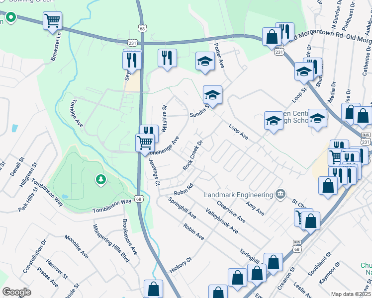 map of restaurants, bars, coffee shops, grocery stores, and more near 2055 Rock Creek Drive in Bowling Green