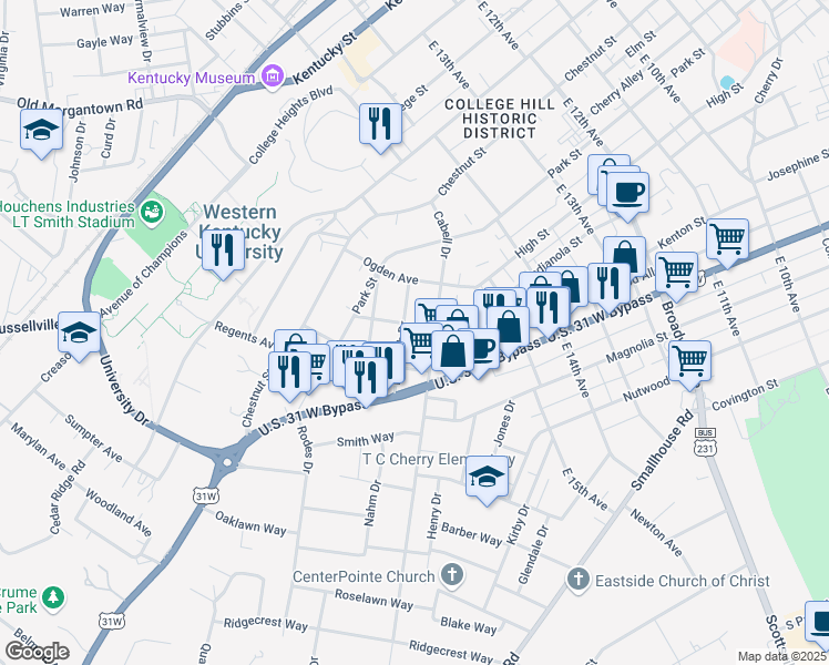 map of restaurants, bars, coffee shops, grocery stores, and more near 1604 Kenton Street in Bowling Green