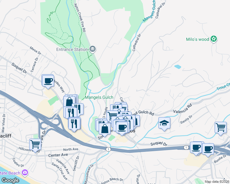 map of restaurants, bars, coffee shops, grocery stores, and more near 119 Mattison Lane in Aptos