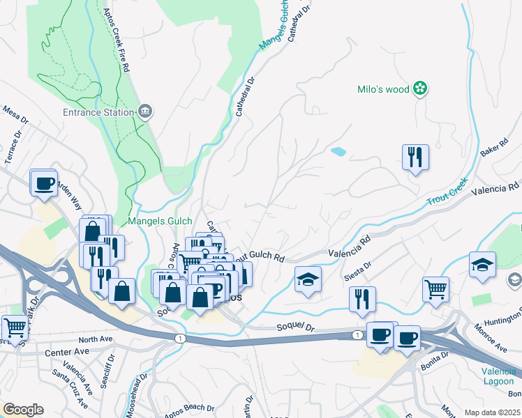map of restaurants, bars, coffee shops, grocery stores, and more near 199 Quail Run Road in Aptos