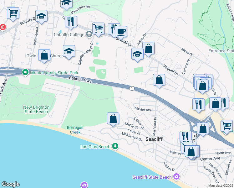 map of restaurants, bars, coffee shops, grocery stores, and more near 6807 Cypress Garden in Aptos