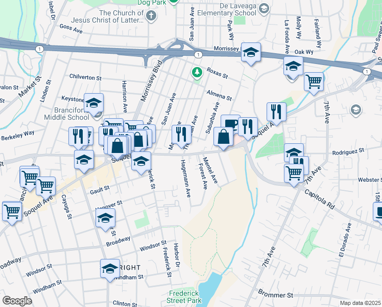map of restaurants, bars, coffee shops, grocery stores, and more near 1817 Soquel Avenue in Santa Cruz