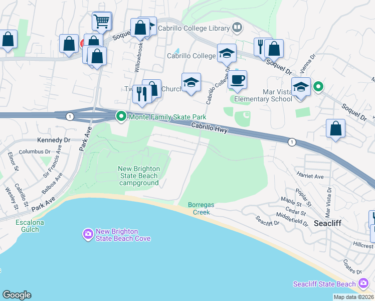 map of restaurants, bars, coffee shops, grocery stores, and more near 825 Pinetree Lane in Aptos