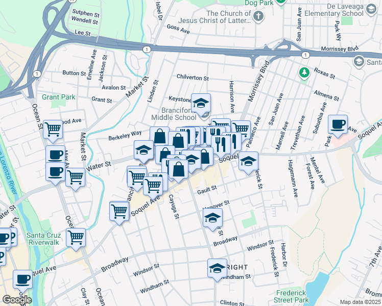 map of restaurants, bars, coffee shops, grocery stores, and more near 1114 Water Street in Santa Cruz