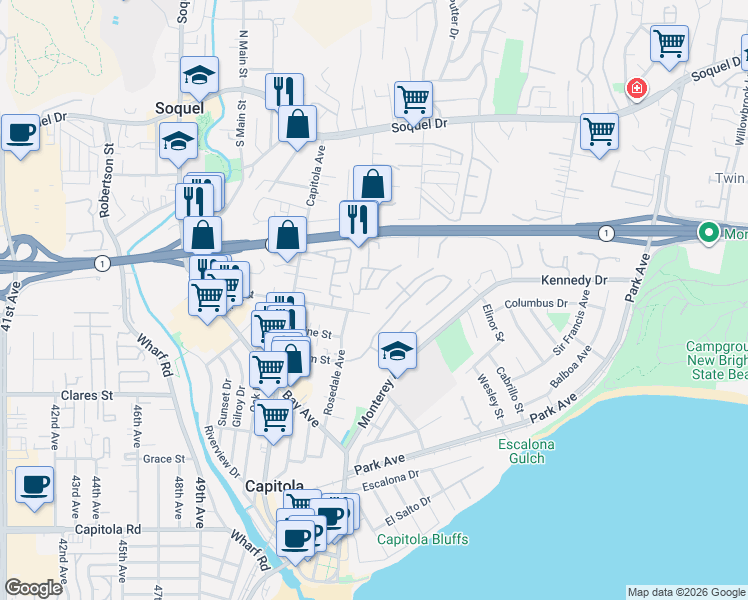 map of restaurants, bars, coffee shops, grocery stores, and more near 300 Hill Street in Capitola