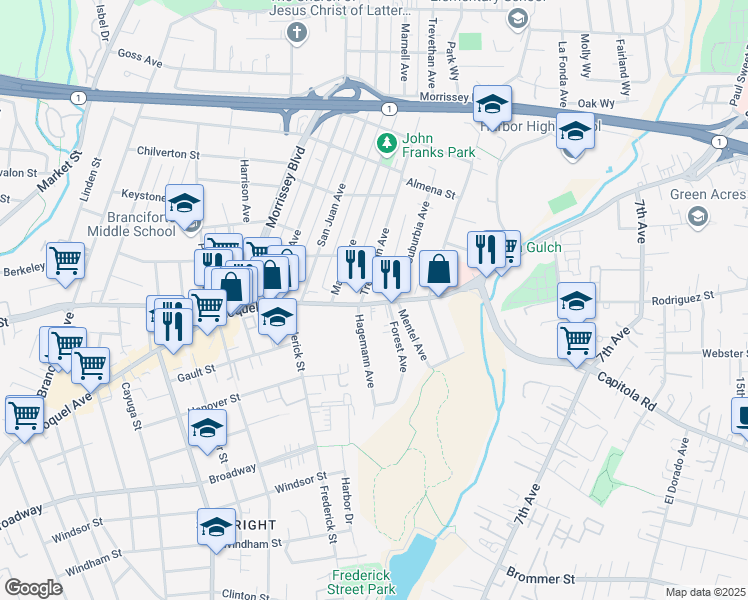 map of restaurants, bars, coffee shops, grocery stores, and more near 1818 Soquel Avenue in Santa Cruz