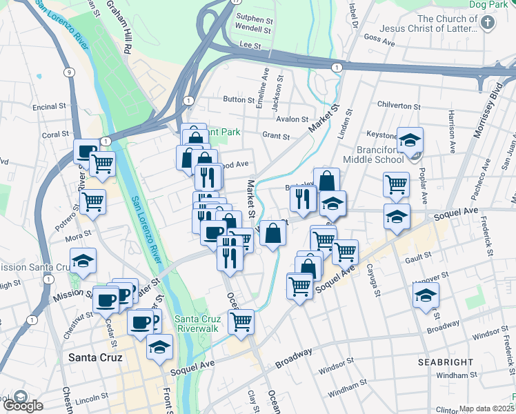 map of restaurants, bars, coffee shops, grocery stores, and more near 116 Market Street in Santa Cruz