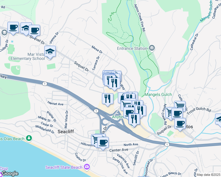 map of restaurants, bars, coffee shops, grocery stores, and more near 143 Tulip Lane in Aptos