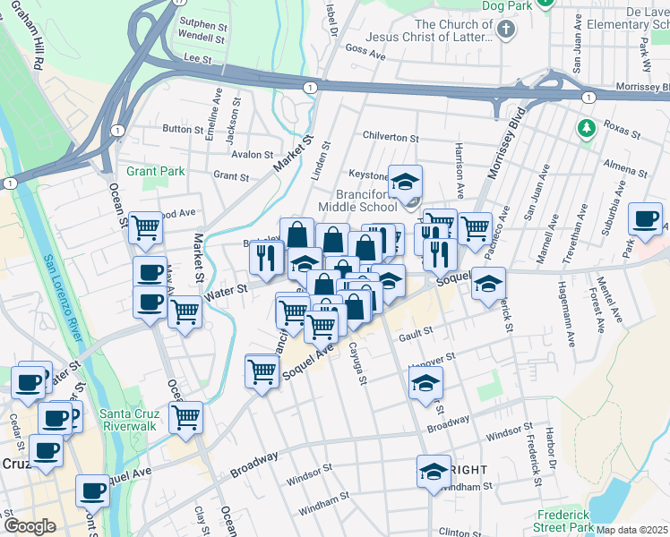 map of restaurants, bars, coffee shops, grocery stores, and more near in Santa Cruz