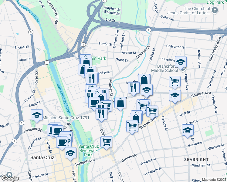 map of restaurants, bars, coffee shops, grocery stores, and more near 116 Market Street in Santa Cruz