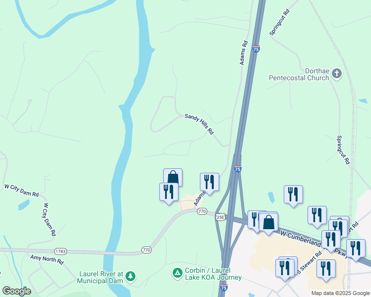 map of restaurants, bars, coffee shops, grocery stores, and more near 185 Sandy Hills Lane in Corbin
