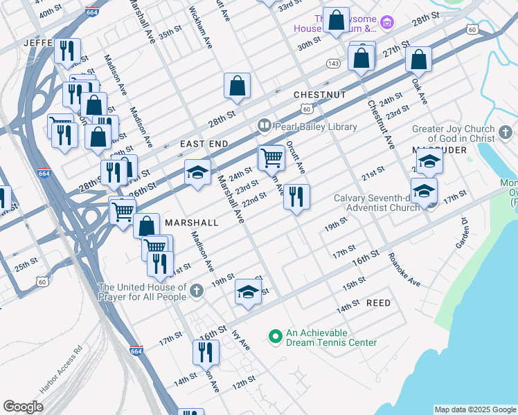 map of restaurants, bars, coffee shops, grocery stores, and more near 825 21st Street in Newport News
