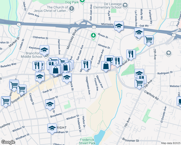 map of restaurants, bars, coffee shops, grocery stores, and more near 1817 Soquel Avenue in Santa Cruz