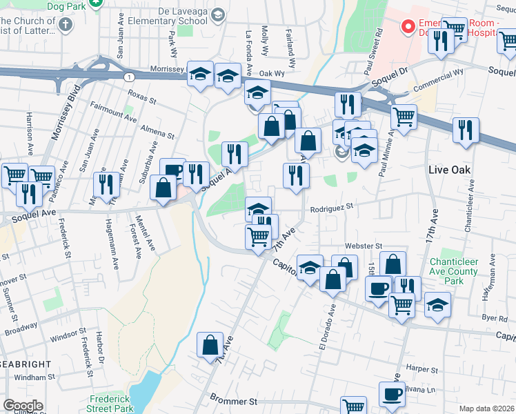 map of restaurants, bars, coffee shops, grocery stores, and more near 427 Capitola Road Extension in Santa Cruz