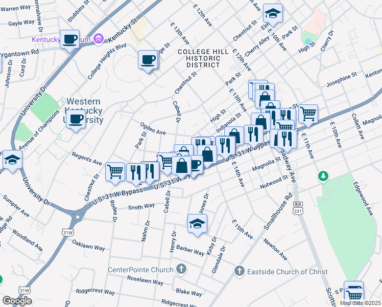map of restaurants, bars, coffee shops, grocery stores, and more near 704 East 16th Avenue in Bowling Green