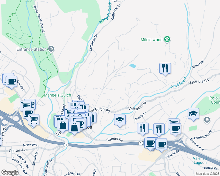 map of restaurants, bars, coffee shops, grocery stores, and more near 190 Quail Run Road in Aptos