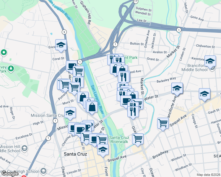 map of restaurants, bars, coffee shops, grocery stores, and more near 133 Kennan Street in Santa Cruz