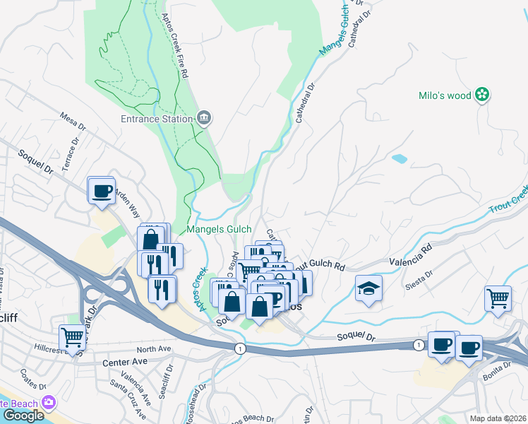 map of restaurants, bars, coffee shops, grocery stores, and more near 609 Burns Avenue in Aptos