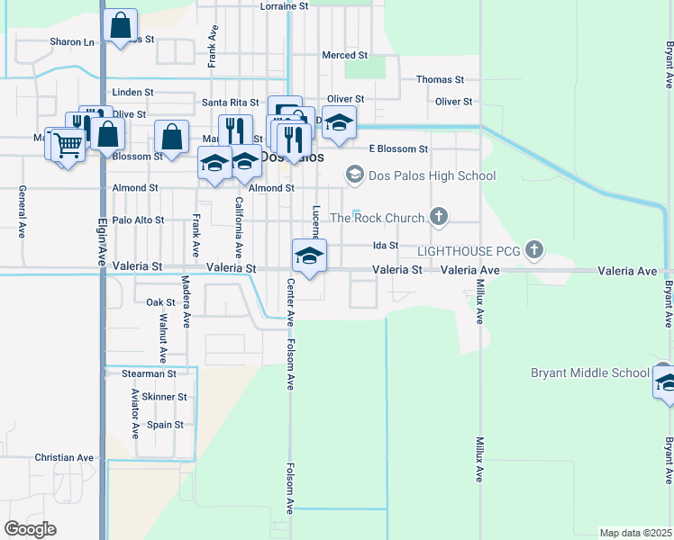 map of restaurants, bars, coffee shops, grocery stores, and more near 1717 Valeria Street in Dos Palos
