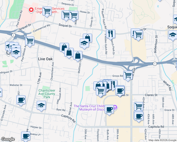 map of restaurants, bars, coffee shops, grocery stores, and more near 6100 Soquel Avenue in Santa Cruz