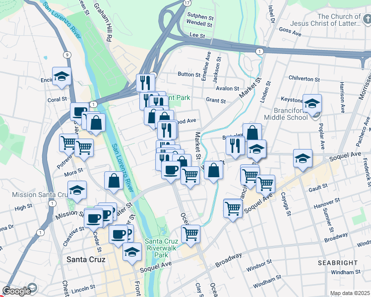 map of restaurants, bars, coffee shops, grocery stores, and more near 207 Hubbard Street in Santa Cruz