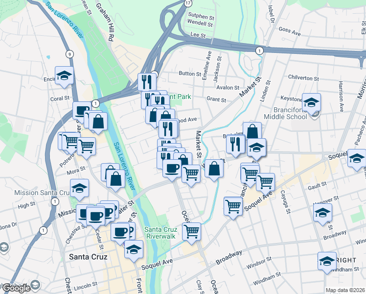 map of restaurants, bars, coffee shops, grocery stores, and more near 207 Hubbard Street in Santa Cruz