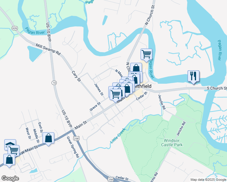 map of restaurants, bars, coffee shops, grocery stores, and more near 308 Grace Street in Smithfield