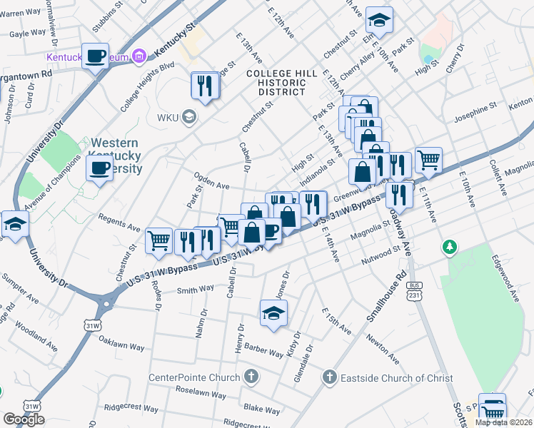 map of restaurants, bars, coffee shops, grocery stores, and more near 1527 Kenton Street in Bowling Green