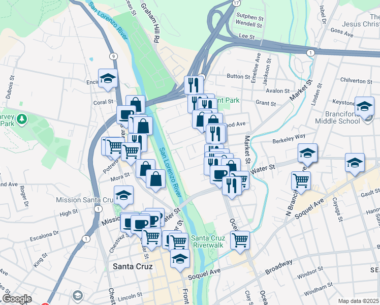 map of restaurants, bars, coffee shops, grocery stores, and more near 33 Edgewood Way in Santa Cruz