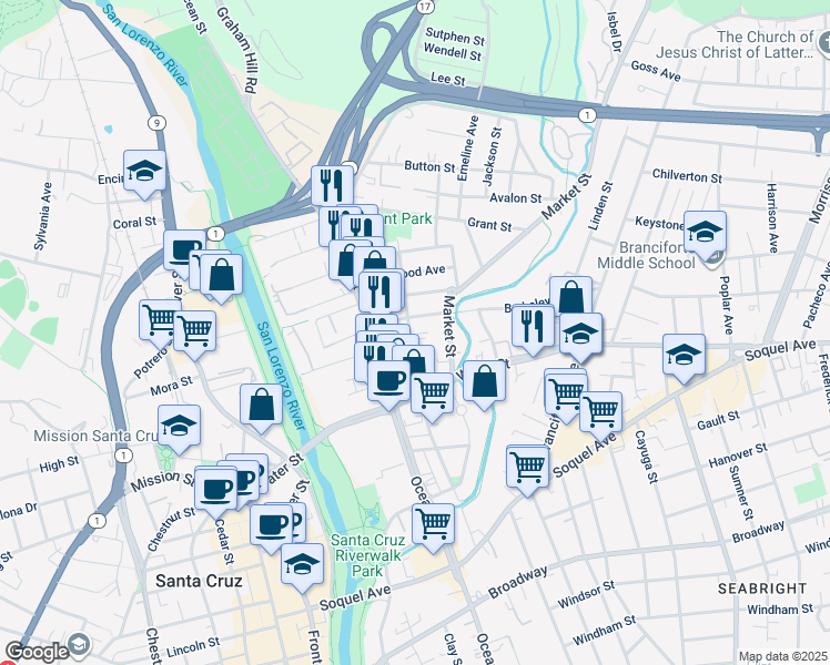 map of restaurants, bars, coffee shops, grocery stores, and more near 207 Hubbard Street in Santa Cruz