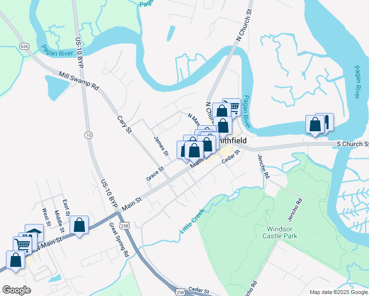map of restaurants, bars, coffee shops, grocery stores, and more near 308 Grace Street in Smithfield
