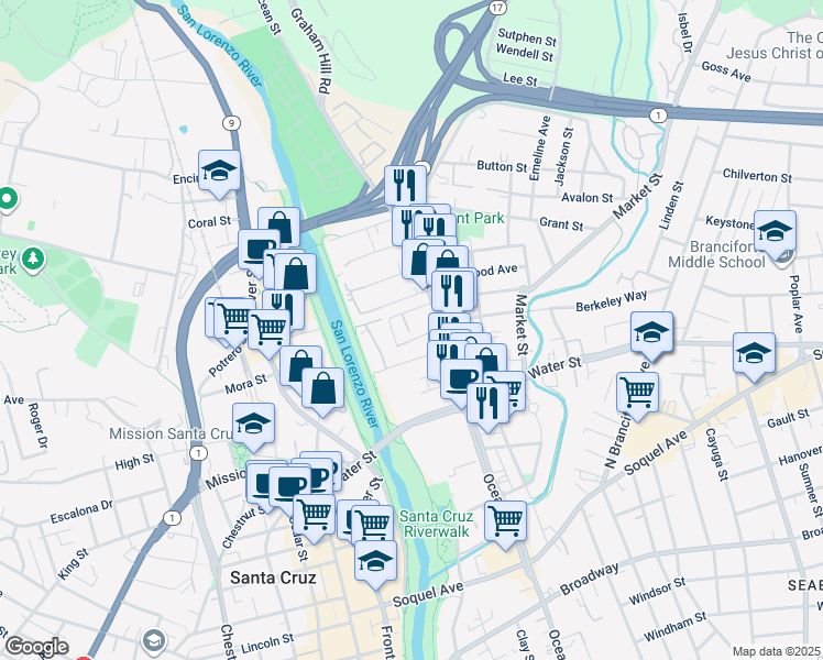 map of restaurants, bars, coffee shops, grocery stores, and more near 131 Kennan Street in Santa Cruz