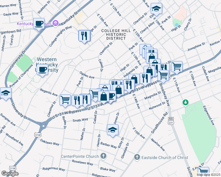 map of restaurants, bars, coffee shops, grocery stores, and more near 1525 Kenton Street in Bowling Green