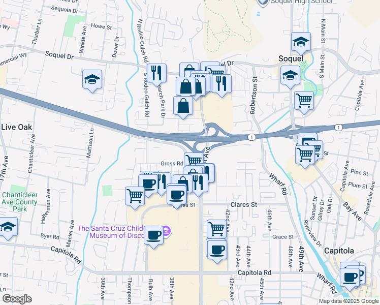map of restaurants, bars, coffee shops, grocery stores, and more near 9000 Soquel Avenue in Santa Cruz