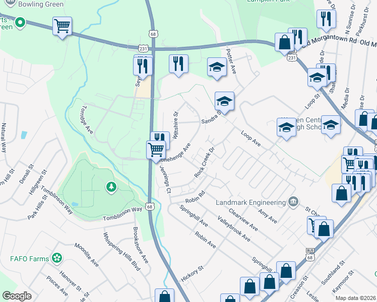 map of restaurants, bars, coffee shops, grocery stores, and more near 2050 Stonehenge Avenue in Bowling Green