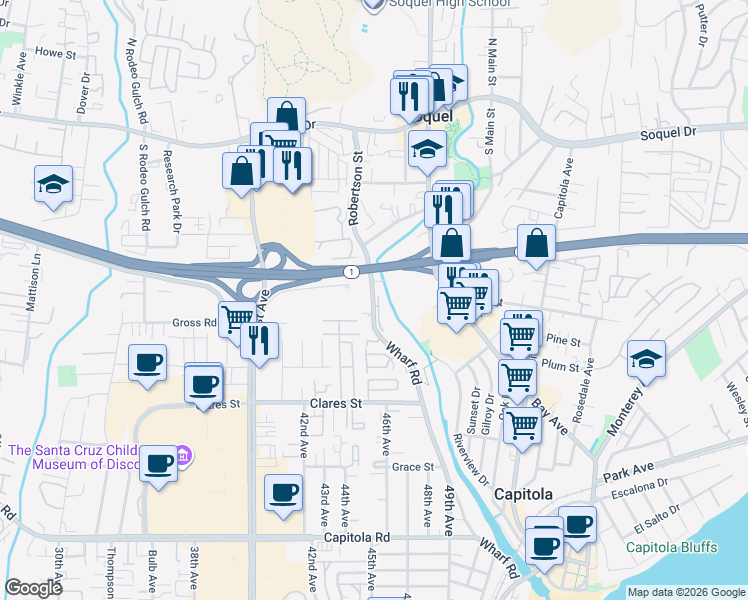 map of restaurants, bars, coffee shops, grocery stores, and more near 2200 Wharf Road in Capitola