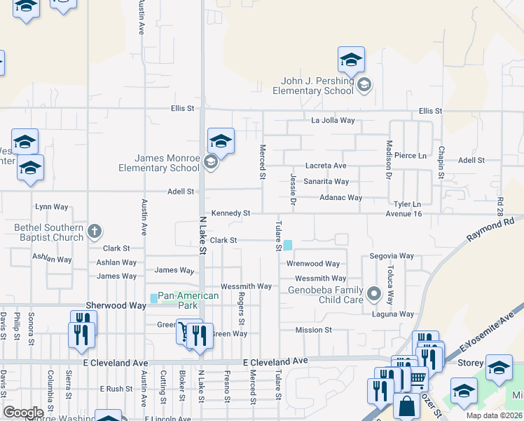 map of restaurants, bars, coffee shops, grocery stores, and more near 1702 Merced Street in Madera
