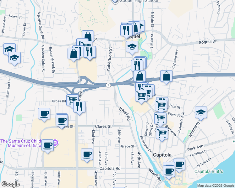 map of restaurants, bars, coffee shops, grocery stores, and more near 2200 Wharf Road in Capitola