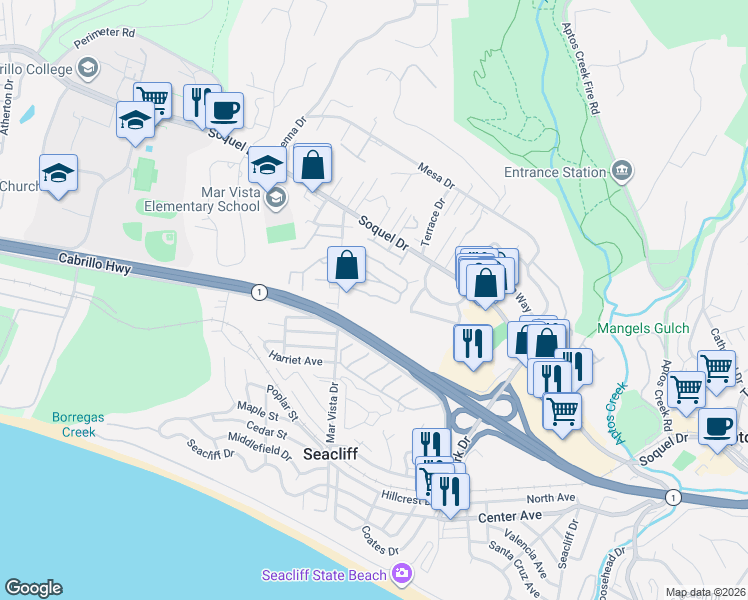 map of restaurants, bars, coffee shops, grocery stores, and more near 60 Greco Street in Aptos
