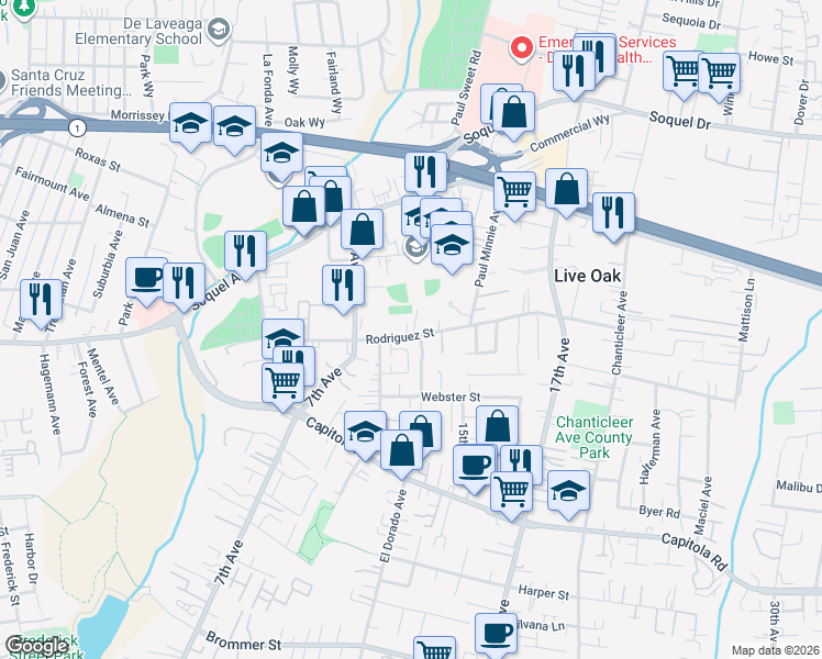 map of restaurants, bars, coffee shops, grocery stores, and more near 2225 Spencer Court in Santa Cruz