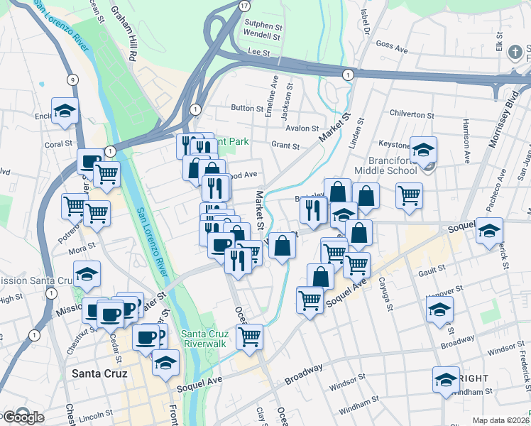 map of restaurants, bars, coffee shops, grocery stores, and more near 157 Market Street in Santa Cruz