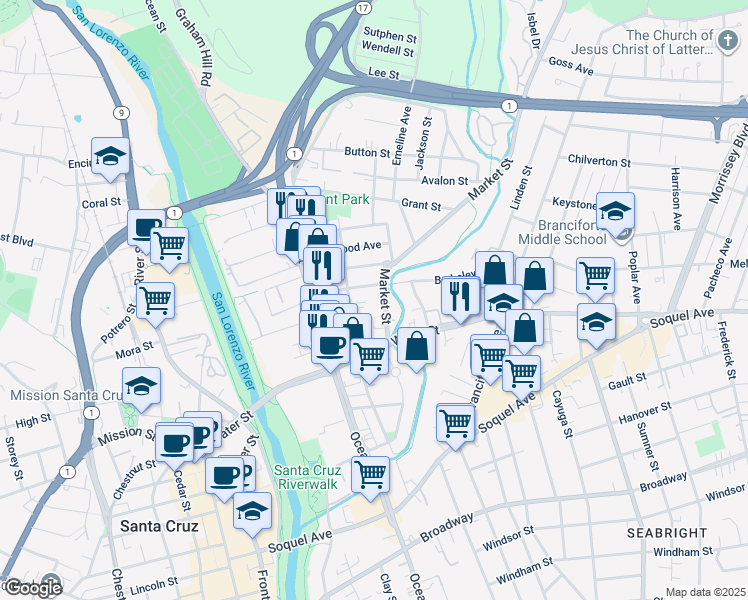 map of restaurants, bars, coffee shops, grocery stores, and more near 157 Market Street in Santa Cruz