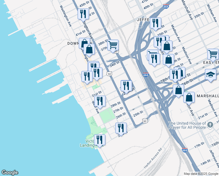 map of restaurants, bars, coffee shops, grocery stores, and more near 3007 Huntington Avenue in Newport News