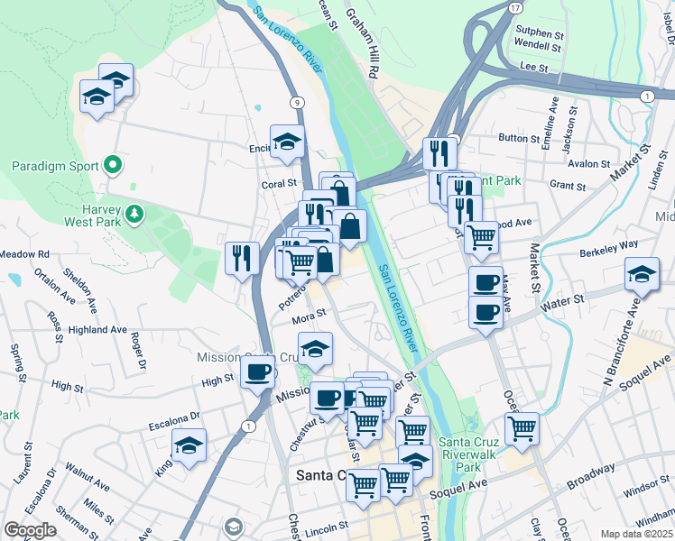 map of restaurants, bars, coffee shops, grocery stores, and more near 490 River Street in Santa Cruz