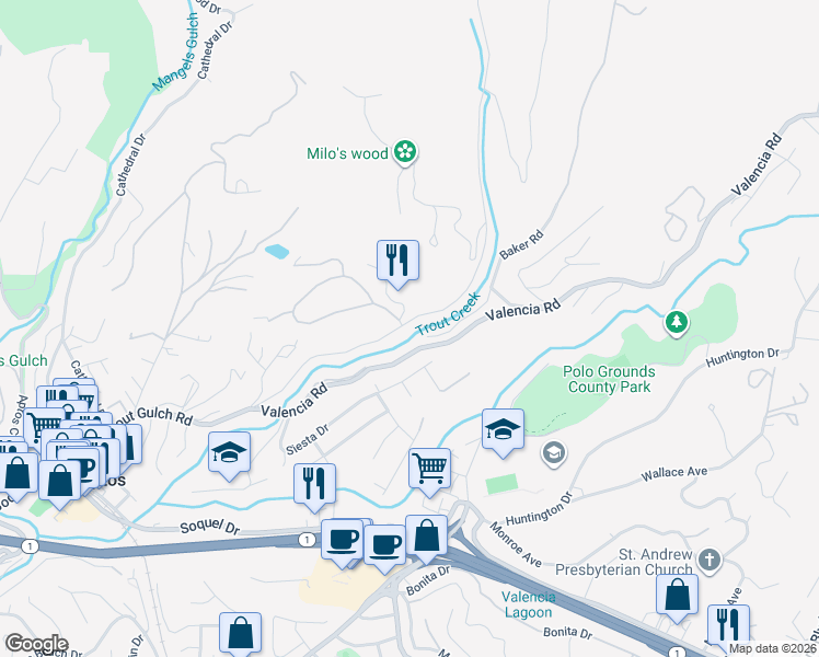 map of restaurants, bars, coffee shops, grocery stores, and more near 1190 Trout Gulch Road in Aptos