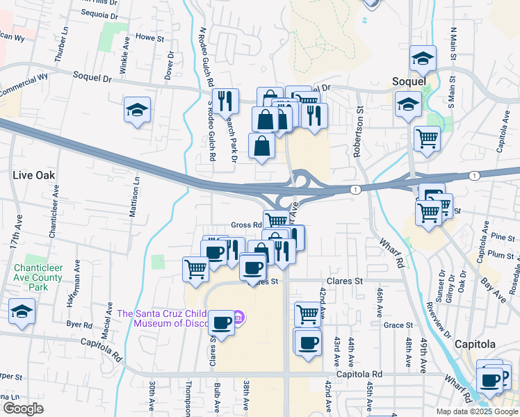 map of restaurants, bars, coffee shops, grocery stores, and more near 9000 Soquel Avenue in Santa Cruz